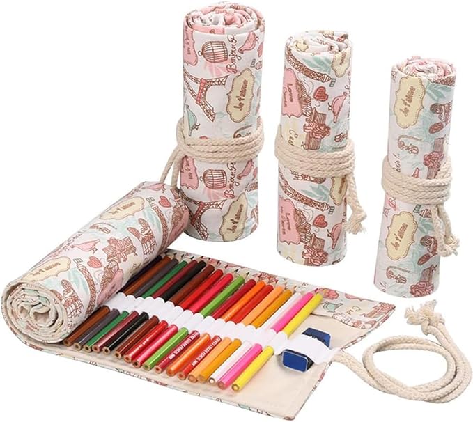 DIYOMR 12/24/36/72 Slots Pencil Wrap Pencil Rolls, Artist Colored Pencils Roll Up Bag Short Brushes Pouch Case Pencils Organizer for Drawing Coloring and Sketching, No Pencils (Paris Tower, 12slots)