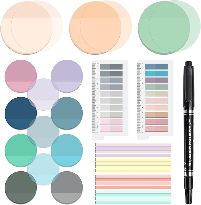 870 Sheets Transparent Sticky Notes, Clear 3 x 3 Round Sticky Notes with Marker, Waterproof Translucent Annotation Index Tabs for Bible Study Journaling Supplies