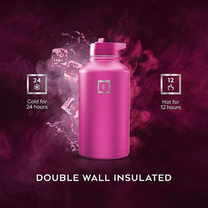 IRON °FLASK Camping & Hiking Hydration Flask with Straw, Wide Mouth Insulated Stainless Steel Sports Water Bottle - Pink Tulip 64 oz - Straw (1 Lid)