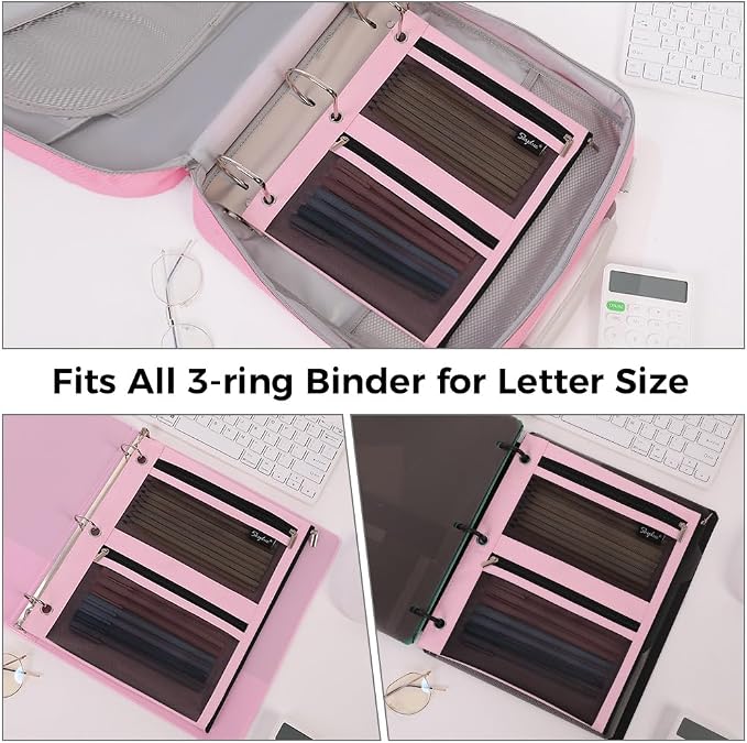 SKYDUE Pencil Pouch for 3 Ring Binder, 11"x9", 3 Pockets and Mesh Window | Zipper Pink Pencil Pouch Pencil Bag with 3 Reinforced Grommets, Organizer for School Supplies, Cables, Earbuds, Makeup