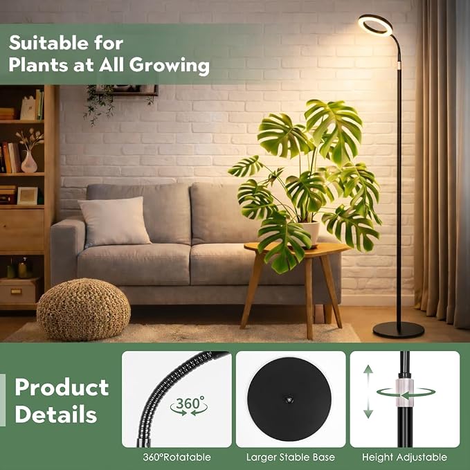 LBW Grow Light with Stand for Indoor Plants, Adjustable Height up to 68", Full Spectrum Grow Light for Large & Tall Plants, Auto Timer 6/8/12/16H, 5-Level Dimmable, 3 Lighting Modes