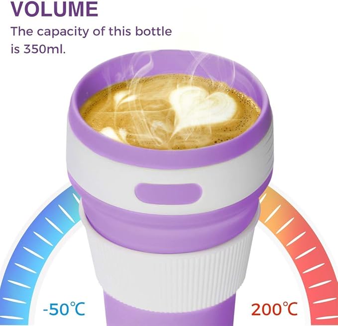 Fullgaden Silicone Collapsible Travel Cup,Portable Drinking Mug with Lid, Water, Coffee, Coca Cola and Snacks for Hiking, Camping, Picnic, Purple