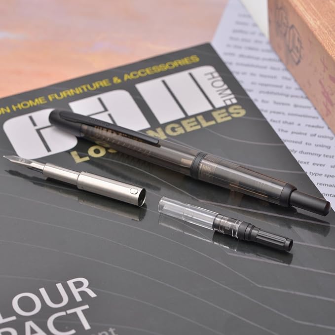 Jinhao 20 Press Fountain Pen, Transparent Black Retractable Fine Nib with Ink Converter Set (Black Clip)