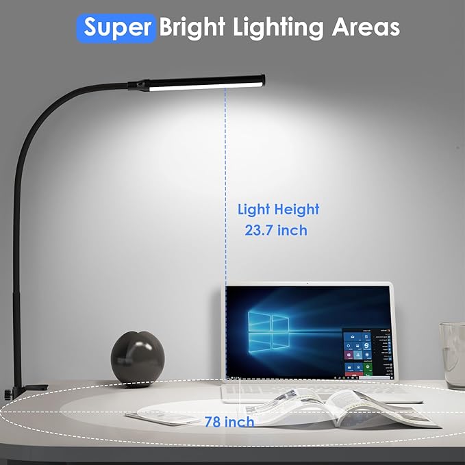 ShineTech LED Desk Lamp with Clamp, Clip On Desk Lamp for Home Office, 5000K Daylight White & Stepless Dimming, Flexible Gooseneck Architect Desk Light, Eye Caring Reading Lamp with USB Adapter