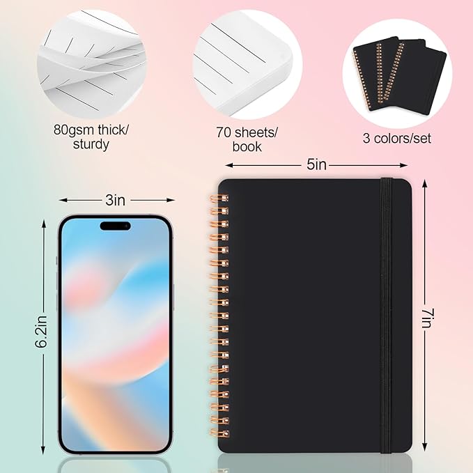 Utron 3 PCS Small Spiral Notebook 5x7, Notebooks for Note Taking, Black Spiral Journal Notebook, Work Notebook Small Notebooks 5x7 with Strap, Cute Notebooks for Women 70 Sheets/Note Books (Pack of 3)