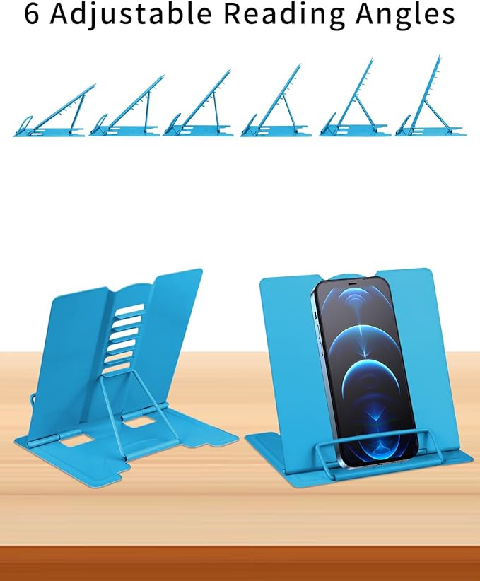 MSDADA Small Desk Book Stand Metal Reading Rest Book Holder Adjustable Cookbook Documents Holder Portable Sturdy Bookstands for Recipes Textbooks Tablet Music Books(Sky Blue