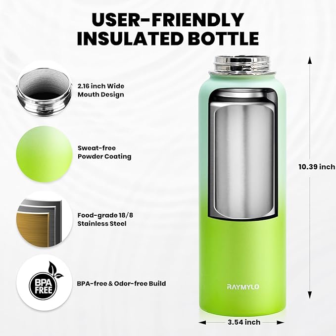 RAYMYLO Insulated Water Bottle 40 oz, Triple Wall Vacuum Stainless Steel (Cold for 36Hrs, Hot for 18Hrs), Leak Proof & Non-BPA, Modern Water Flask Jug with Paracord Handle & Straw Spout Lids