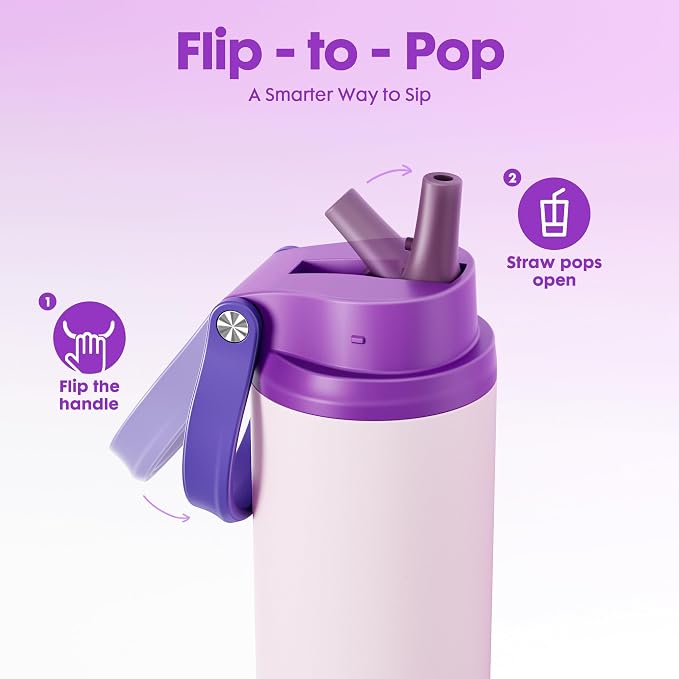 Meoky 24 oz Insulated Water Bottle: Flip-to-Pop Straw, Leak Proof, 24H Cold, Fits in Car Cup Holder, Wide Mouth, BPA-Free, Stainless Steel Water Bottle for Women Teen Girls, Dreamy Field