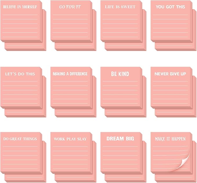 Yinder 24 Pcs Inspirational Sticky Notes Cute Motivational Sticky Notes Pad End of Year Employee Appreciation Gifts Bulk for Teacher Nurse Coworkers Office Supplies 3 x 3'' (Inspirational,Pink)
