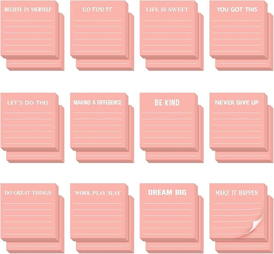 Yinder 24 Pcs Inspirational Sticky Notes Cute Motivational Sticky Notes Pad End of Year Employee Appreciation Gifts Bulk for Teacher Nurse Coworkers Office Supplies 3 x 3'' (Inspirational,Pink)