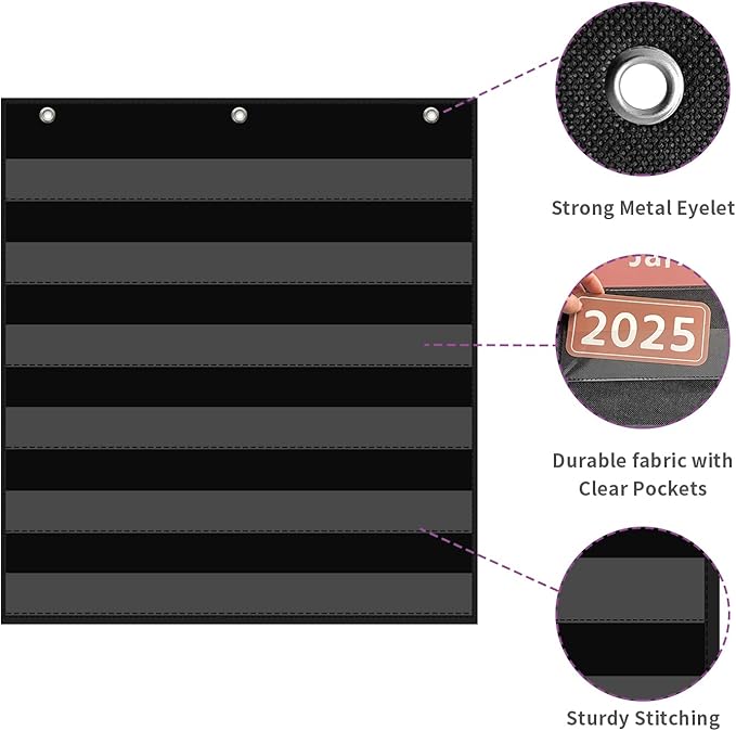 ANCOMEDO 20”W x 25”H Classroom Words Pocket Chart with 6 Clear Pockets, Black Standard Pocket Chart for Classroom and Home for Sentence Strips, Reusable Clear Pocket Hanging Words Chart (Black)