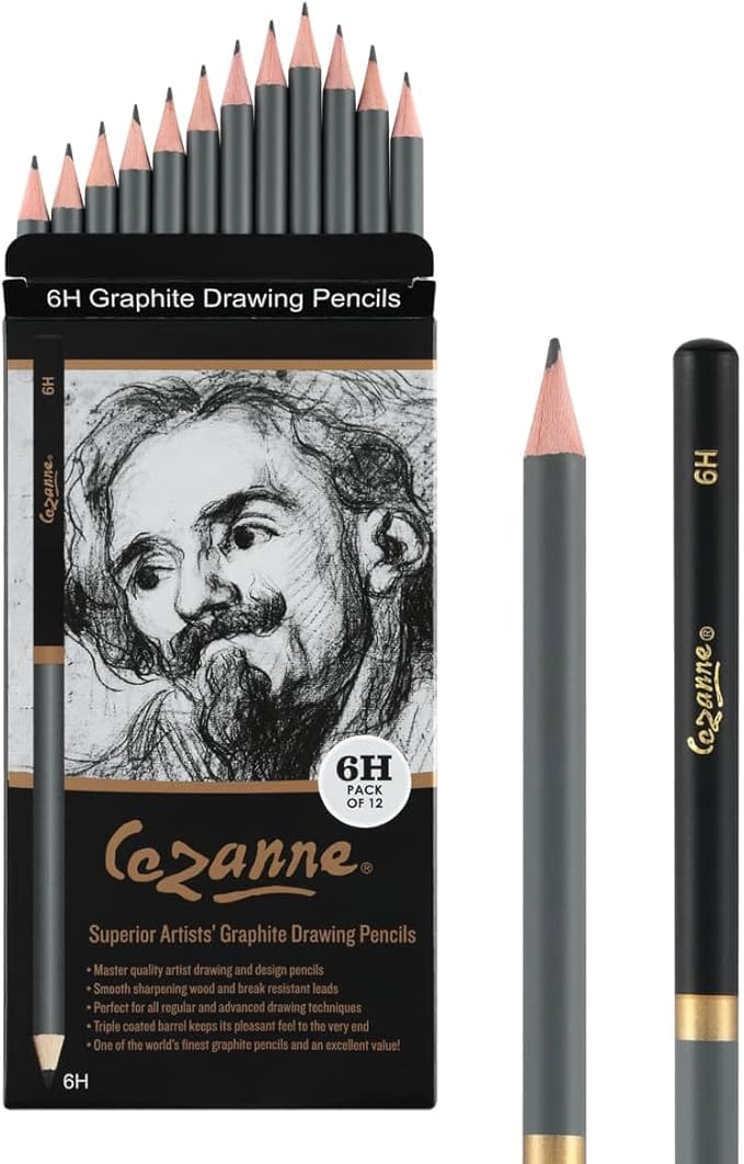 Cezanne Graphite Drawing Pencils Set - 6H, Set of 12 Break-Resistant Graphite Lead, Easy-to-Sharpen Sketch Pencils, Master Artist Quality Graphite Pencils for Technical and Artistic Drawing