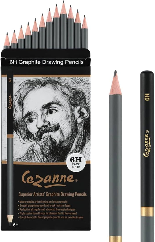 Cezanne Graphite Drawing Pencils Set - 6H, Set of 12 Break-Resistant Graphite Lead, Easy-to-Sharpen Sketch Pencils, Master Artist Quality Graphite Pencils for Technical and Artistic Drawing