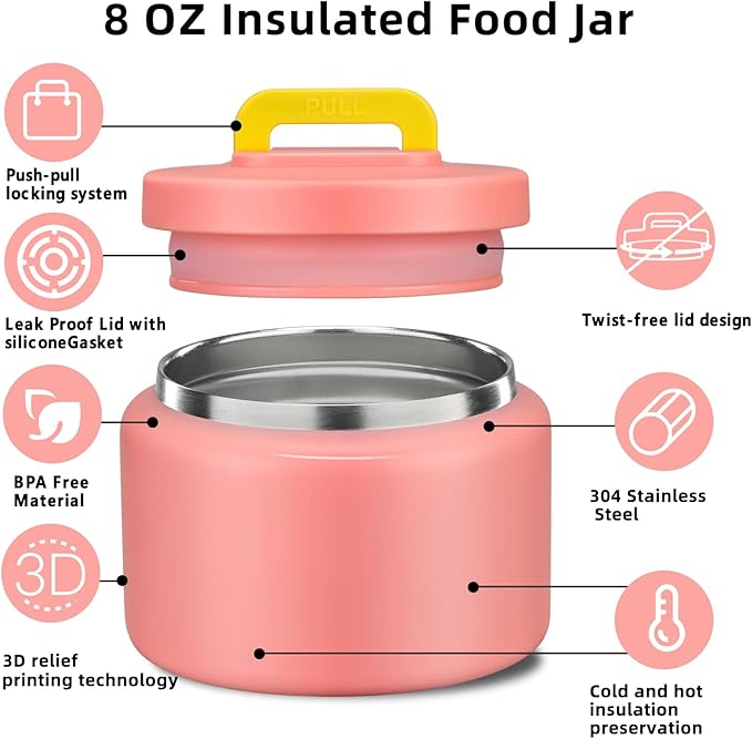 JXXM 8 Oz Thermo Food Jar for Hot & Cold Food for Kids, Insulated Lunch Containers Hot Food Jar,Leak-Proof Vacuum Stainless Steel Wide Mouth Lunch Soup Thermo for School (PINK-Pure)