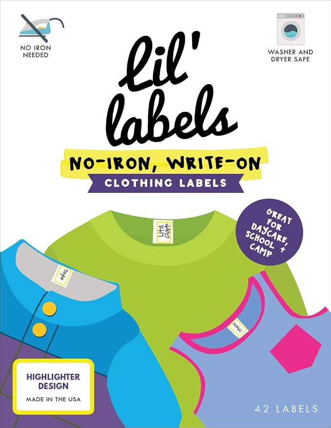 Clothing Labels, Name Labels, Washer and Dryer Safe, No-Iron, Labels for Daycare, Washable, Write-On, Made in the USA, Highlighter Design, Set of 1