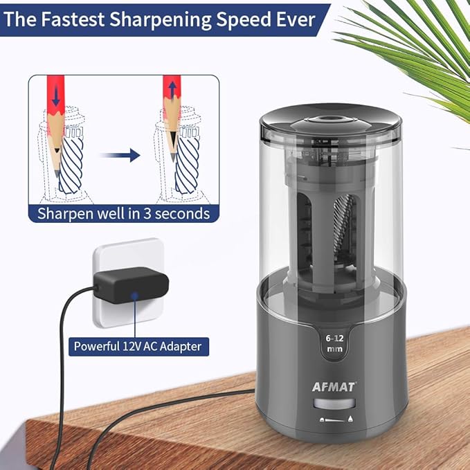 AFMAT Electric Pencil Sharpener, Heavy Duty Pencil Sharpeners for 6-12mm No.2/Colored Pencils, Auto Stop, Super Sharp & Fast, Electric Pencil Sharpener Plug in for Office, Home, PS91
