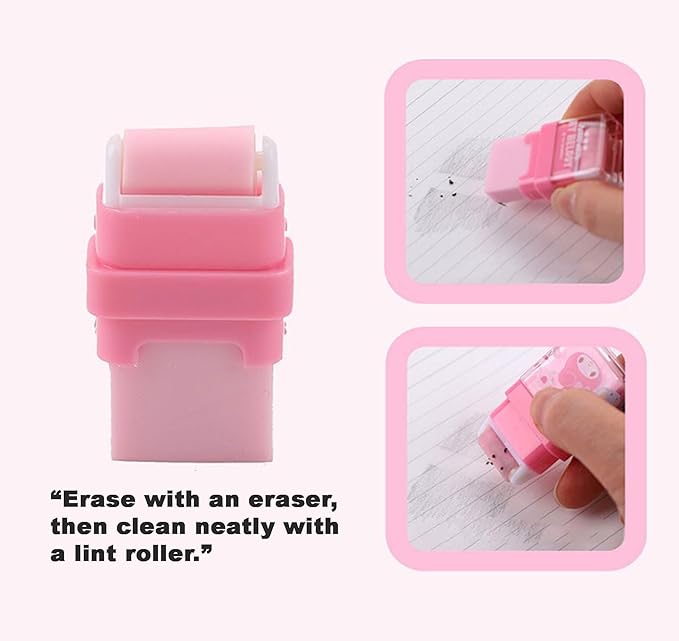 Cute Character Roller Eraser with Built-in Dust Cleaning Roller – Portable & Mess-Free Design - Pink