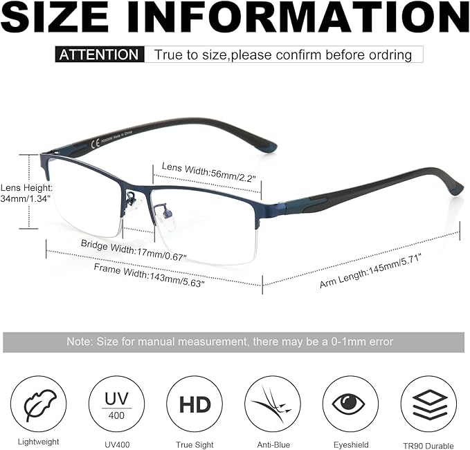CARA Ultra Lightweight Progressive Multifocus Reading Glasses Men, Metal Frame Flexible TR90 Bi-color Temples with Blue Light/UV400 Protection Multifocal Computer Readers(Black+Blue, +1.75)