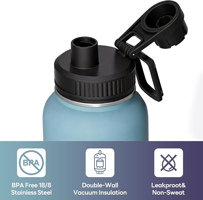 Navigate 40 oz Insulated Stainless Steel Sports Water Bottle with Spout & Handle Lids,Wide Mouth Water Jug with Double Walled Leak Proof Keep Cold for 24 Hrs Hot for 12 Hrs, Blue Gradient