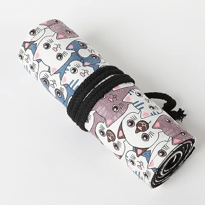 DIYOMR 24/36/72 Slots Pencil Wrap Pencil Rolls, Artist Colored Pencils Roll Up Bag Short Brushes Pouch Case Pencils Organizer for Drawing Coloring and Sketching (Big Headed Cat, 24slots)