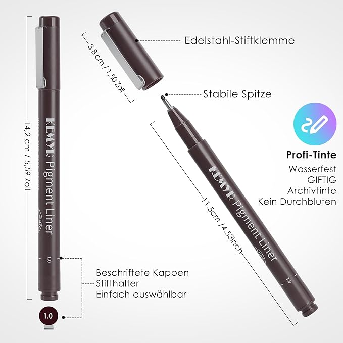KEMYR 10 Micro Fine liner Drawing Art Pens Calligraphy Pens: 0.05mm-1.0mm Size Art supplies Waterproof Archival brown Ink Markers For Artists,Use for Professional Watercolor,Sketching