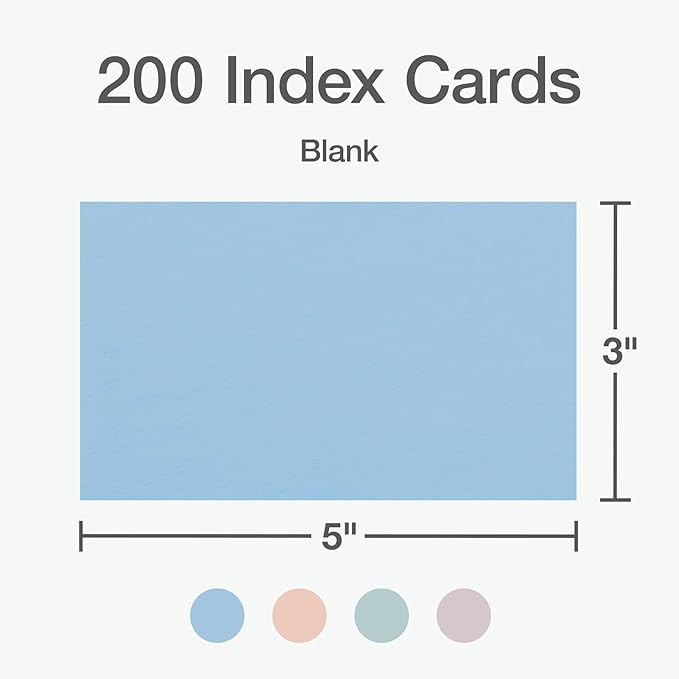 Oxford Blank Index Cards, Blank Note Cards, Flashcards for School, 4 Assorted Pastel Colors: Gray, Peach, Light Blue and Light Green, 3 Inch x 5 Inch, 200 Cards Per Pack (1017487)