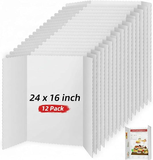 12 Pcs White Trifold Poster Board 16 x 24 Inch Cardboard Presentation Board Science Fair Display Foldable Paperboard for Fun Projects School Memorial Photo Collage Study Business Cubicle Background