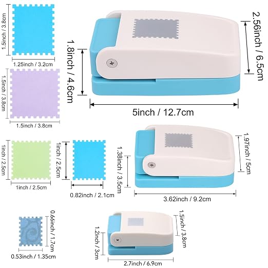 5Size Stamp Punch, 1.5x1.25in & 1x0.8in & 0.6x0.5in Rectangle Postage Stamp Shaped Punch, 1.5inch & 1inch Square Stamps Hole Puncher, Paper Punches for Crafting DIY Scrapbooking Journaling Card Making