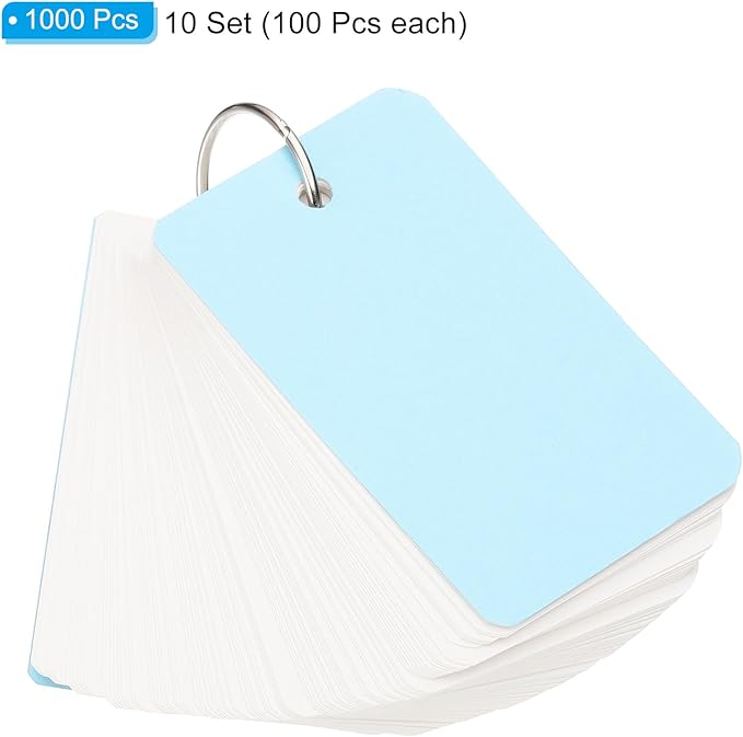 PATIKIL Blank Index Cards with Ring, 1000Pcs Blank Flash Card 3.5x2" Study Note Cardstock for Memory Learning Studying Office Supplies, Cyan White