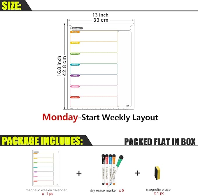 Monday Start Weekly Planner for Fridge, Magnetic Dry Erase Whiteboard Planner with Notes, Extra-Strong Magnetic Hold, Includes 5 Markers & Eraser, Workweek Schedule & Weekly Menu Board