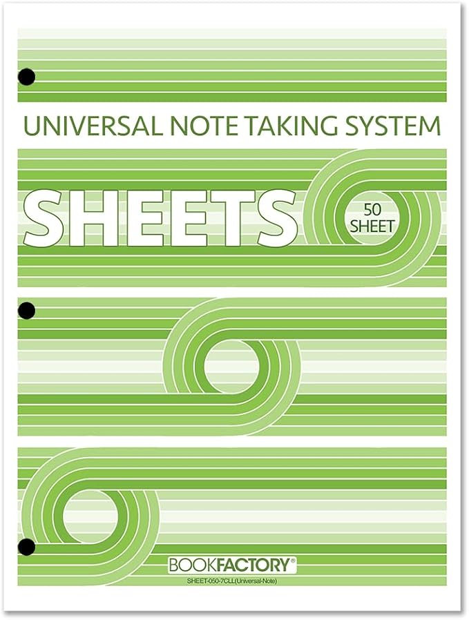BookFactory Universal Note Taking System (Cornell Notes) / Sheets for 3 Ring Binders - 50 Loose Leaf Format, 8 1/2'' x 11'' - 3 Hole Punched (Made in USA)