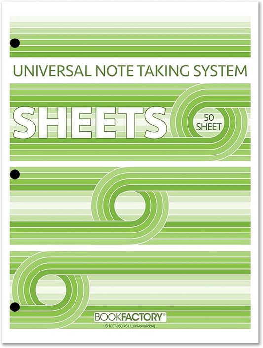 BookFactory Universal Note Taking System (Cornell Notes) / Sheets for 3 Ring Binders - 50 Loose Leaf Format, 8 1/2'' x 11'' - 3 Hole Punched (Made in USA)