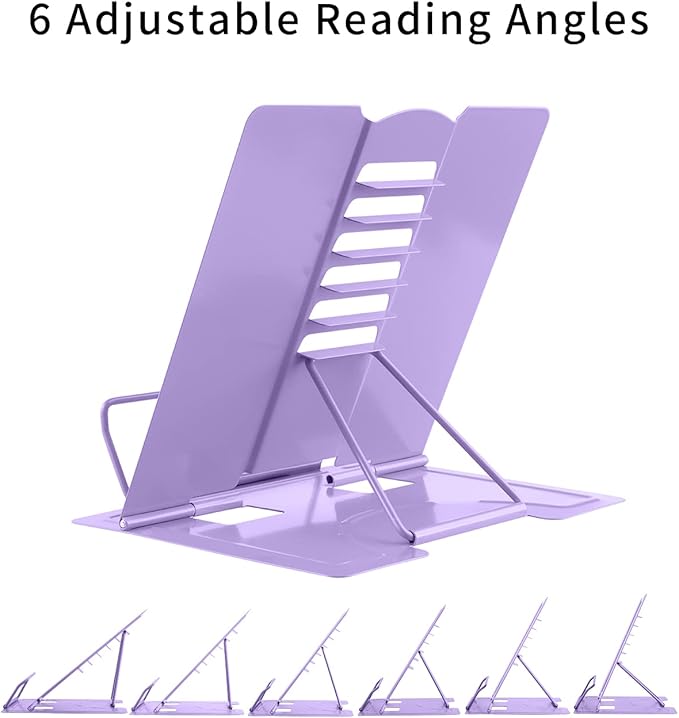 MSDADA 2PC Different Design Desk Book Stand Metal Reading Rest Book Holder Adjustable Cookbook Documents Holder Portable Sturdy Bookstand for Recipes Textbooks Tablet Music Books(Purple+Purple)
