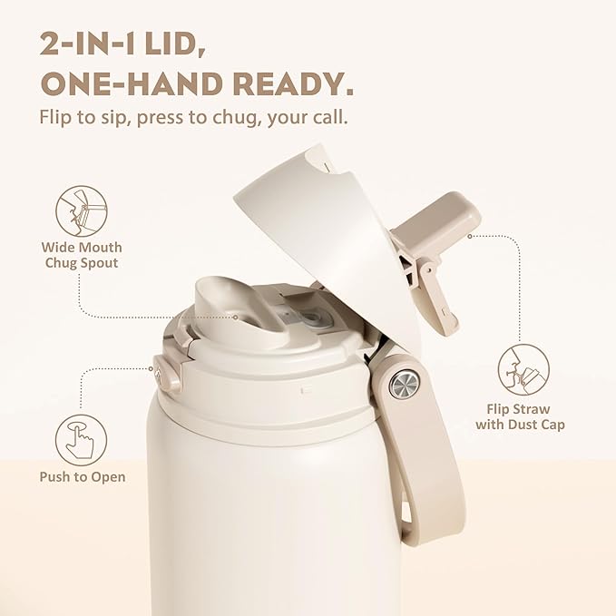 POWCAN 32 oz Insulated Water Bottle, 2-in-1 Push-Button Spout & Quick-Flip Straw Lid, Leakproof, Keep Cold 24Hrs, BPA-Free, Stainless Steel Water Bottle for Sports, School, Travel, Gym (Oat Mousse)