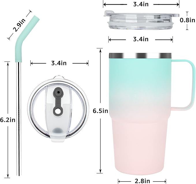 Sursip Insulated Coffee Mug with Handle and Lid, 24 oz Double Wall Vacuum Travel Thermal Coffee Tumbler with Straw for Home, Office Stainless Steel Coffee Cup - Leak proof, BPA Free(Green/Pink-1 Pack)