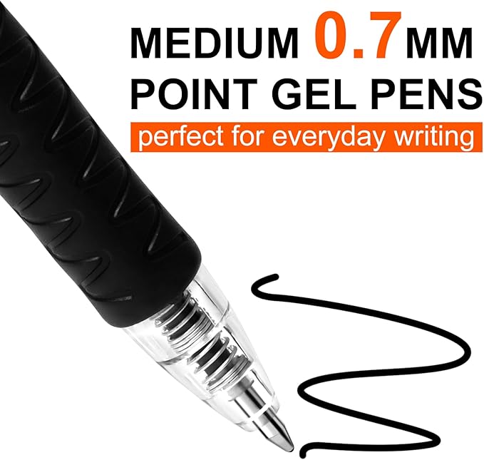 Aen Art Gel Pens Black 0.7mm Fine Point 30 Retractable Gel Ink Pens with Rubber Grip - Quick Dry Roller Pen for Writing, Office, School