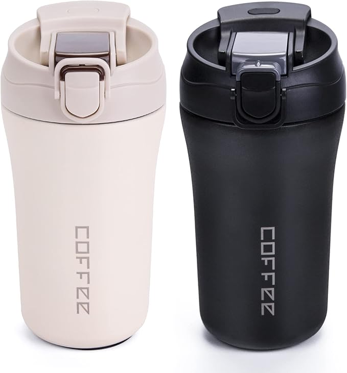 14 oz Travel Coffee Mug, 2 Pack Vacuum Insulated Coffee Travel Mug Spill Proof with Lid and Straw, Stainless Steel Reusable Coffee Tumbler for Hot and Cold Drinks, Gift for Men and Women(Black White)