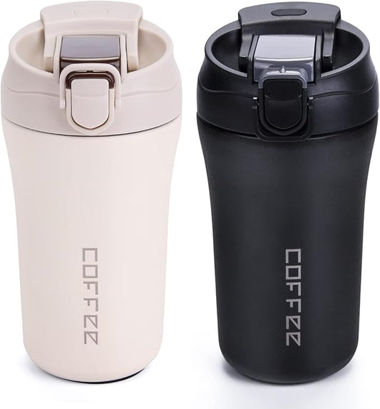 14 oz Travel Coffee Mug, 2 Pack Vacuum Insulated Coffee Travel Mug Spill Proof with Lid and Straw, Stainless Steel Reusable Coffee Tumbler for Hot and Cold Drinks, Gift for Men and Women(Black White)