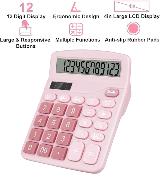 Cute Desktop Basic Calculator for Kids, Dual Solar and Battery Power, Simple 4 Functions and Basic Financial Calculations with Big Buttons and 12 Digit Large Display for Office, Home, School