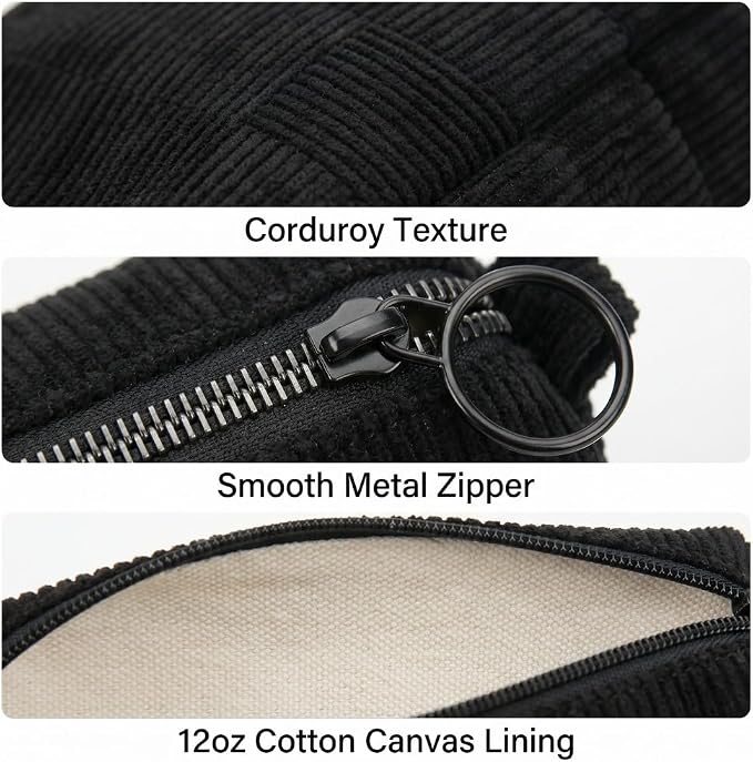 Soft Corduroy Pencil Case Pen Pouch Organizer, Small Stationery Bag | Cute black pencil pouch, smooth zipper, daily cosmetics holder, compact organizer for school teen girls, women