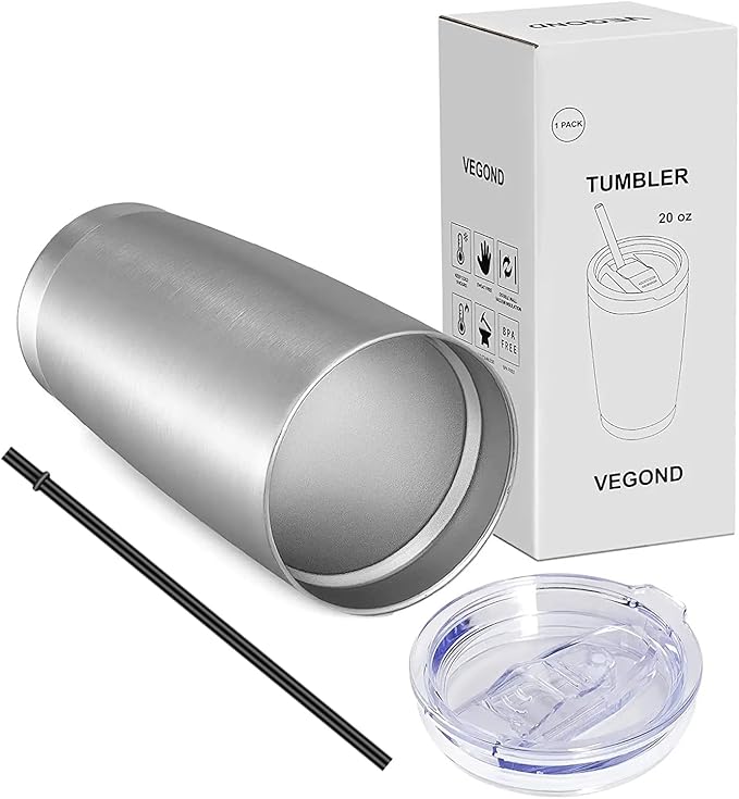 VEGOND 20oz Tumbler with Lid and Straw Stainless Steel Tumbler Cup Vacuum Insulated Double Wall Travel Coffee Mug Powder Coated Coffee Cup, Stainless, 1 Pack