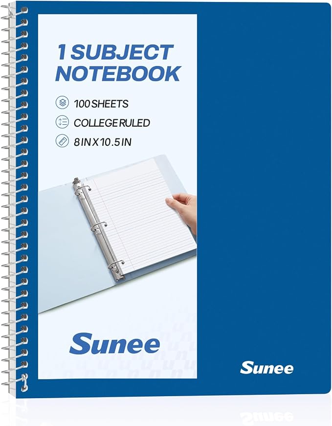 SUNEE Spiral Notebook, 1-Subject, College Ruled Paper, 8" x 10-1/2", 100 Sheets per Notebook, 3-Hole Punched Paper, Water Resistant Cover, Double-sided Pockets, Dark Blue