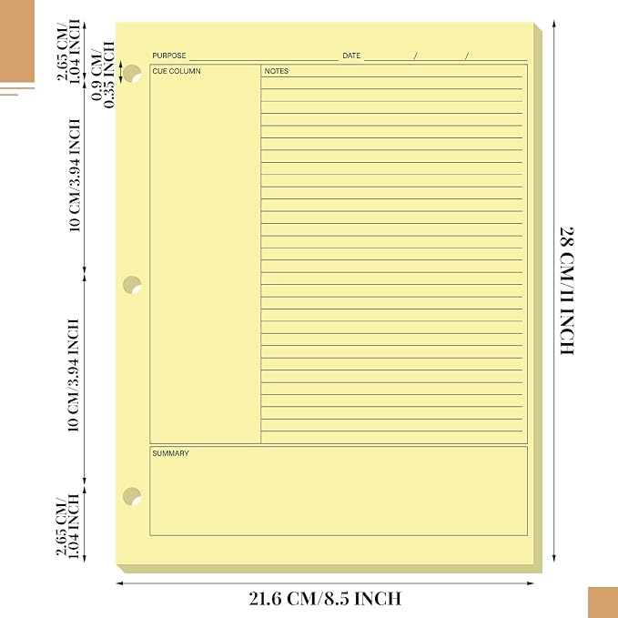 Ctosree 200 Sheets Cornell Notes Loose Leaf Paper, 8.5 x 11 Inch, 3 Hole Punch, Cornell Notes Filler Paper for School Office College Business Home (Yellow)