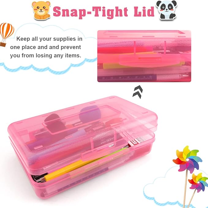 Pencil Box, Large Capacity Clear Pencil Case, 1 Pack Hard Pencil Case, Clear Crayon Box with Snap-tight Lid Stackable Design, Plastic Storage Box for Office Supplies, Pink