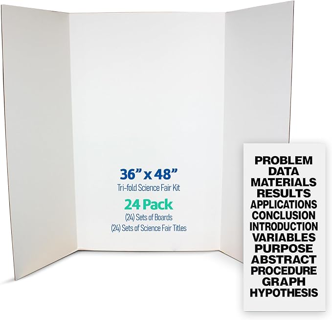 Flipside Products Science Fair Project Board Kit – 36" x 48" White Trifold Boards with Black Science Fair Title Letters – Ready-to-Use Project Display Boards - 24 Pack