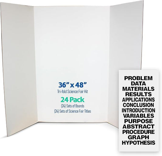 Flipside Products Science Fair Project Board Kit – 36" x 48" White Trifold Boards with Black Science Fair Title Letters – Ready-to-Use Project Display Boards - 24 Pack
