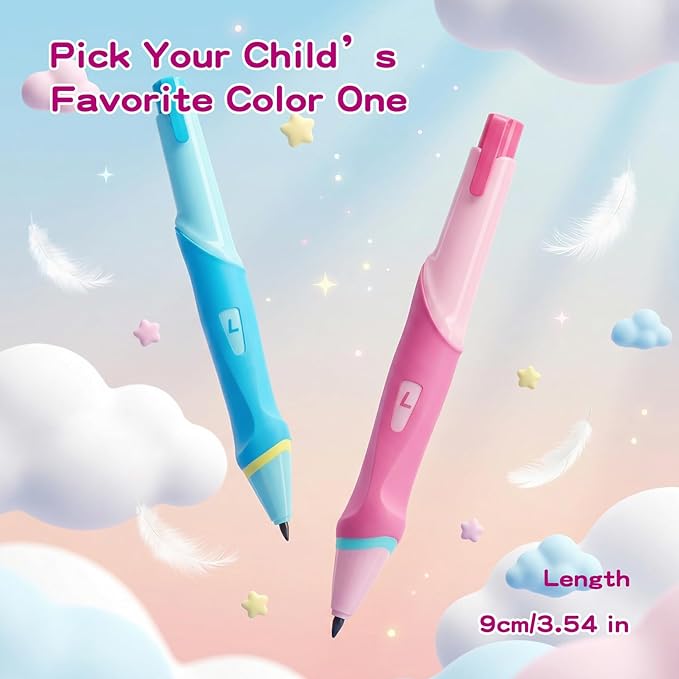 Ergonomic Pencil Set, 2.0mm HB Mechanical Pencils for Kids, School Supplies Include Sharpener, Eraser & 6 Extra Leads – Handwriting Aid for Preschool, Kindergarten, Homes, Pink, L