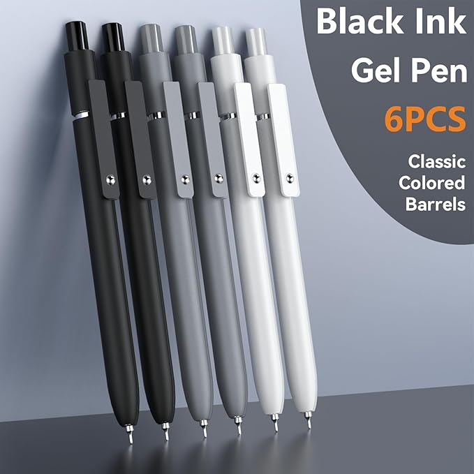 ACEES Gel Pens, 6 Pcs 0.5mm Fine Point Black Ink Pen With Smooth Writing, Office Desk Accessories, Writing Supplies Gifts for Men Women, Quick Dry Pens Ballpoint For Journaling, Black/Gray/White