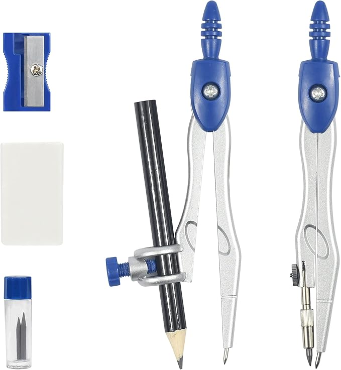 Vobou 10 Pieces Math Geometry Kit Set Student Supplies with Shatterproof Storage Box,Includes Rulers,Protractor,Compass,Eraser,Pencil Sharpener,Lead Refills,Pencil,for School and Drawings（Navy Blue）