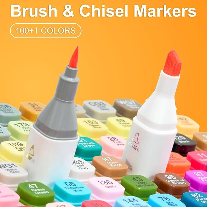AnyMark Alcohol Markers Brush Tip, 168+1 Colors Dual Tip Brush & Chisel Alcohol-Based Art Markers Set with Case for Adult Artists Drawing Coloring